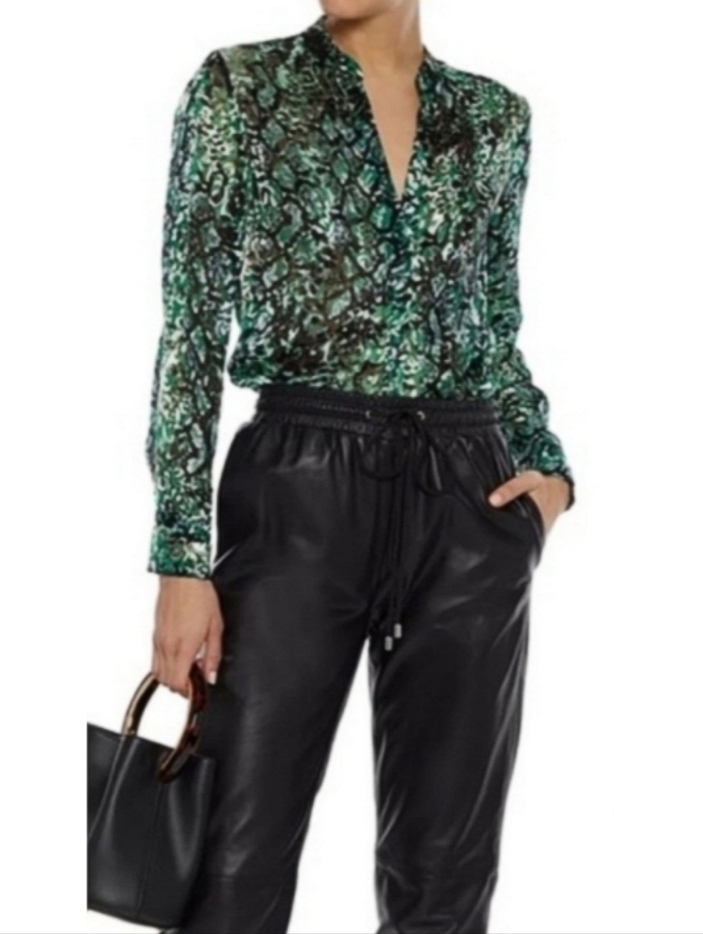 Alice + Olivia Amos Silk-Blend Green Snake Print Burnout Blouse Size Small